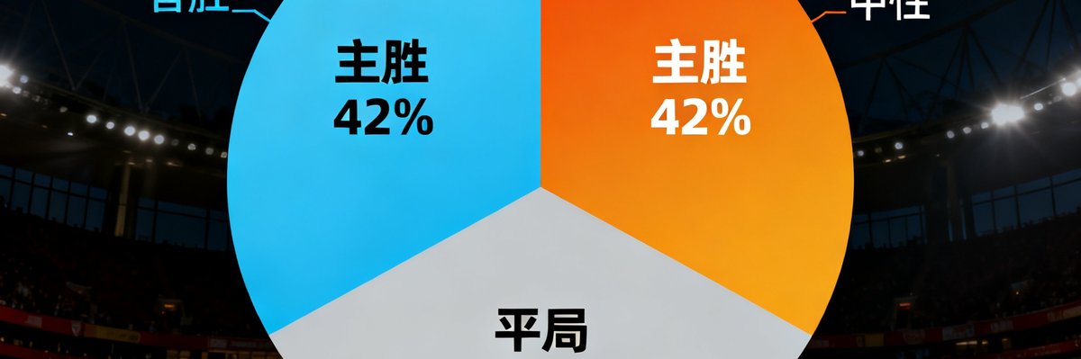 一张展示阿森纳对阵利物浦比赛的胜平负概率预测饼图，主胜概率42%显示为暖色区域，平局28%，客胜30%